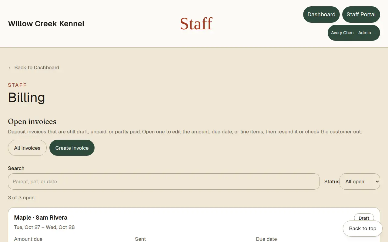Sample lodge Billing page in the day theme, listing deposit invoices