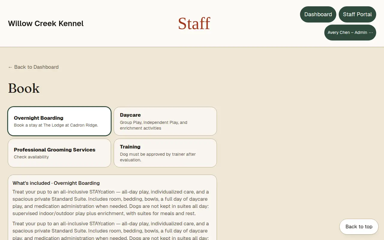 Sample lodge booking page in the day theme, where Staff or a pet parent request a stay