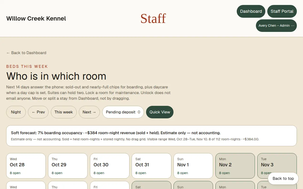 Sample lodge calendar in the day theme, with suites across the week