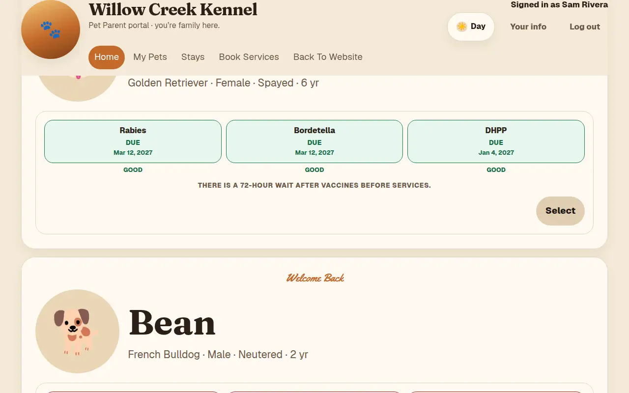 Sample pet-parent Home in the day theme, with that family's dogs and stays