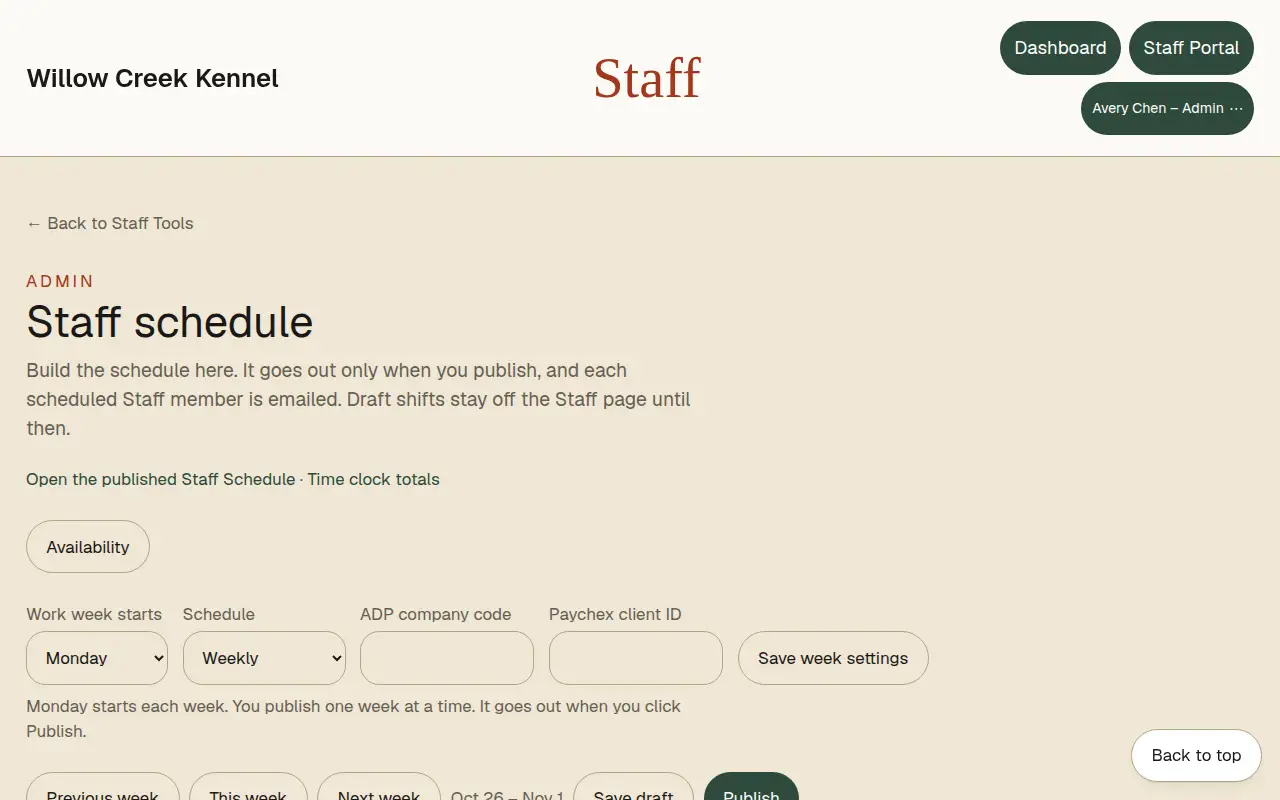 Sample lodge staff schedule in the day theme